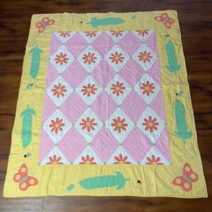 Nursery Quilt Wall Hanging 41"x47" Yellow Pink Sweetpea Butterfly Daisy Ladybug